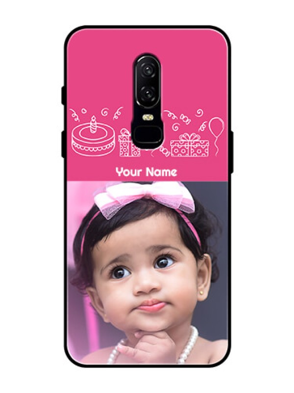 Custom OnePlus 6 Photo Printing on Glass Case  - with Birthday Line Art Design
