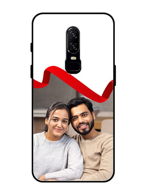 Custom OnePlus 6 Photo Printing on Glass Case  - Red Ribbon Frame Design