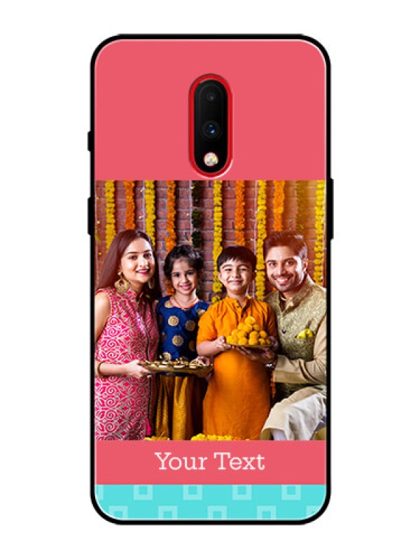 Custom OnePlus 7 Personalized Glass Phone Case  - Peach & Blue Color Design