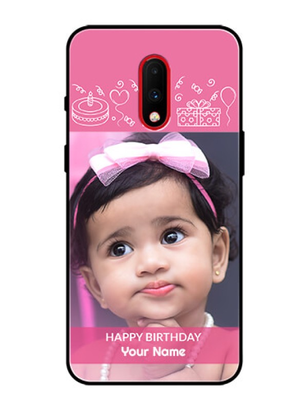 Custom OnePlus 7 Photo Printing on Glass Case  - with Birthday Line Art Design