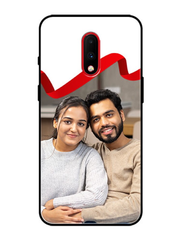 Custom OnePlus 7 Photo Printing on Glass Case  - Red Ribbon Frame Design