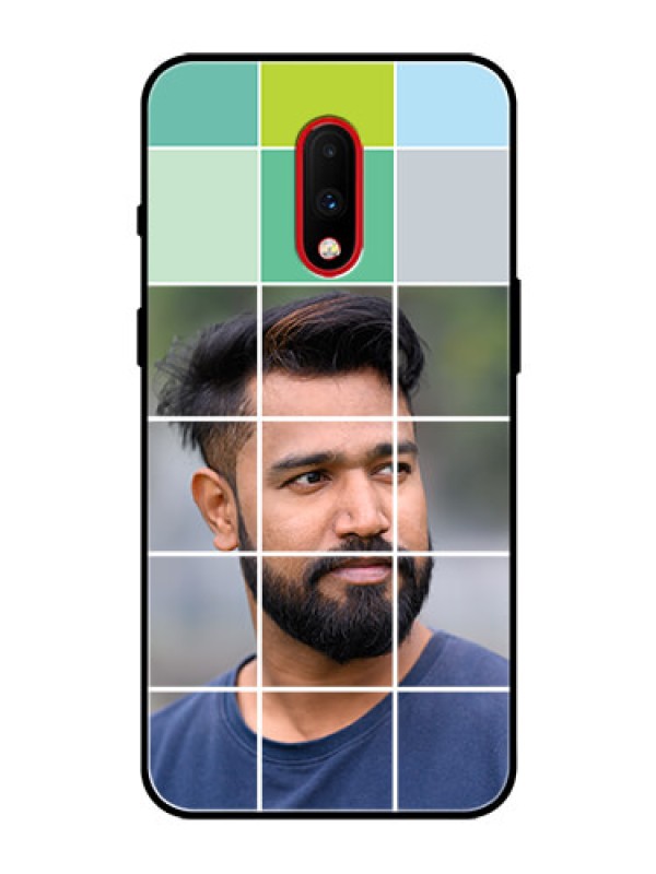 Custom OnePlus 7 Photo Printing on Glass Case  - with white box pattern 