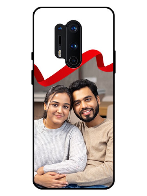 Custom Oneplus 8 Pro Photo Printing on Glass Case  - Red Ribbon Frame Design