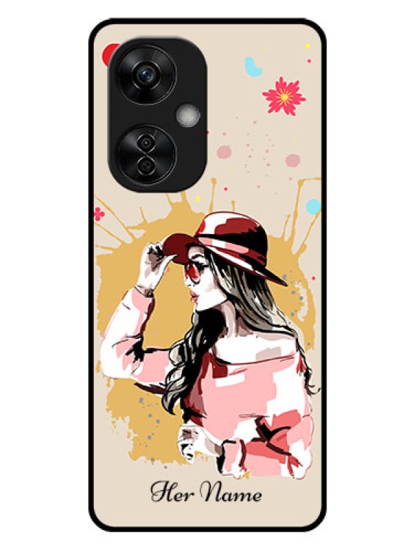 Custom OnePlus Nord CE 3 Lite 5G Photo Printing on Glass Case - Women with pink hat Design