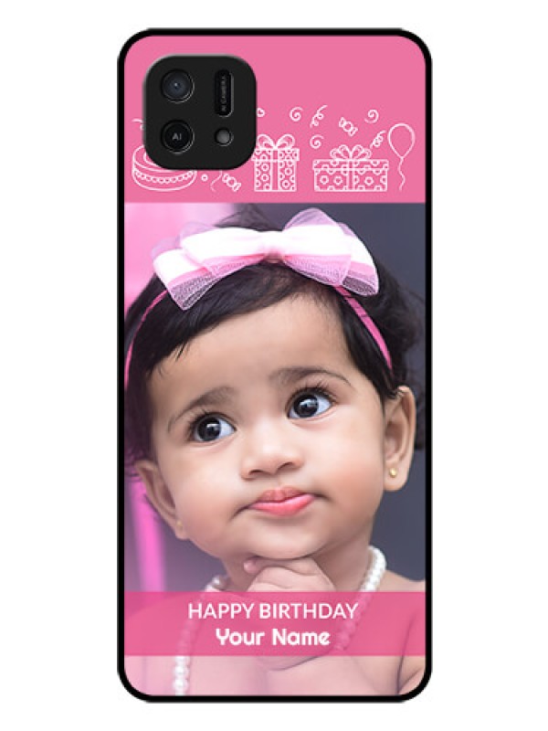 Custom Oppo A16k Photo Printing on Glass Case - with Birthday Line Art Design