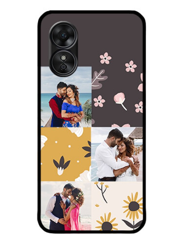 Custom Oppo A17 Photo Printing on Glass Case - 3 Images with Floral Design