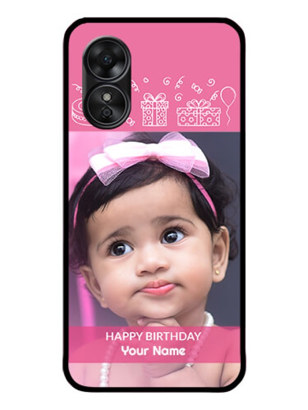 Custom Oppo A17 Photo Printing on Glass Case - with Birthday Line Art Design