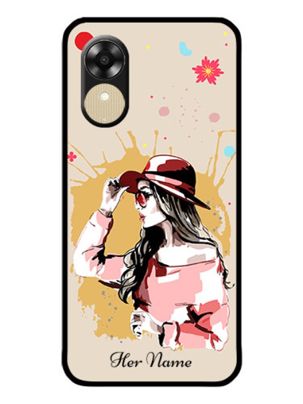 Custom Oppo A17k Photo Printing on Glass Case - Women with pink hat Design