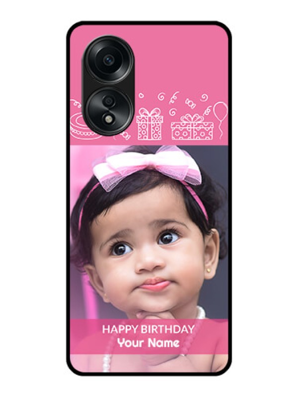 Custom Oppo A58 Photo Printing on Glass Case - with Birthday Line Art Design