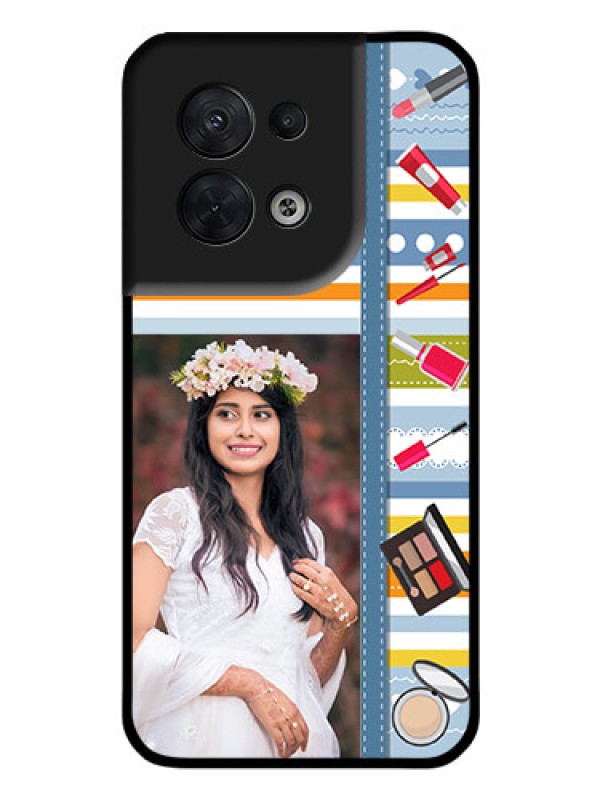 Custom Oppo Reno 8 5G Personalized Glass Phone Case - Makeup Icons Design