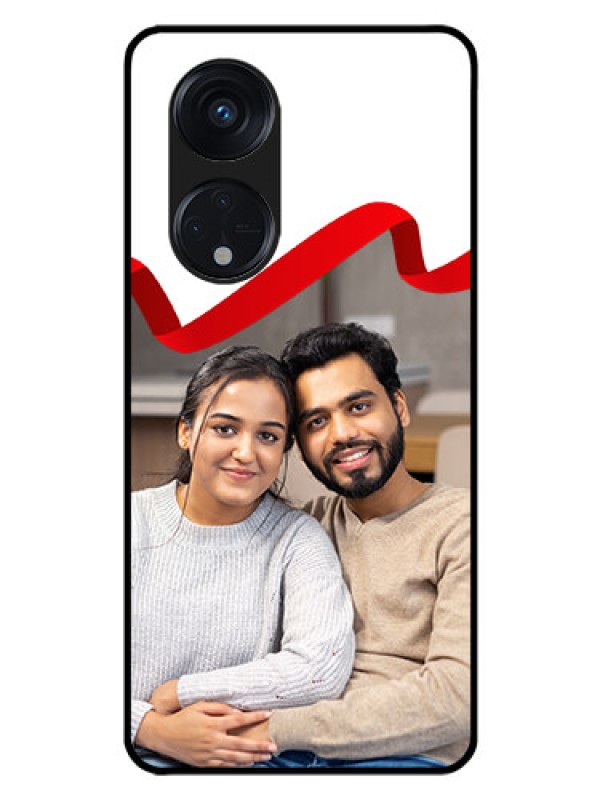 Custom Oppo Reno 8T 5G Photo Printing on Glass Case - Red Ribbon Frame Design