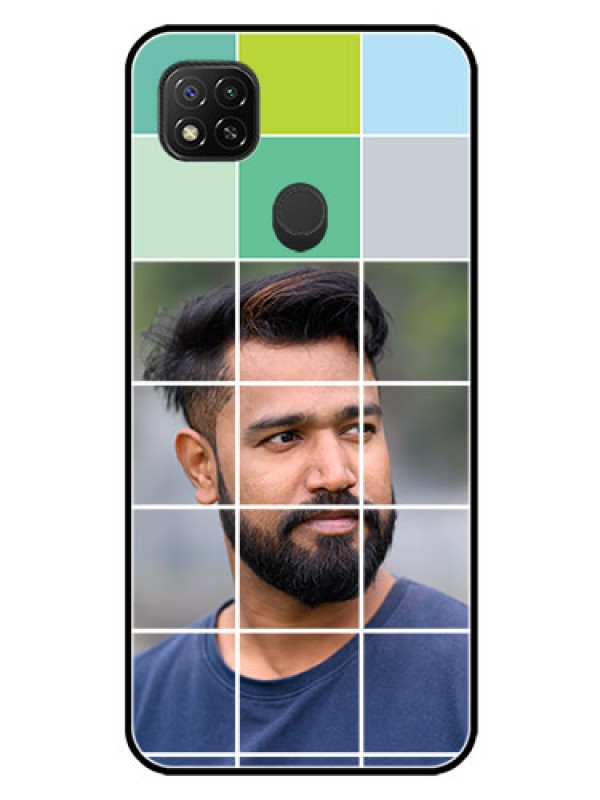 Custom Poco C31 Photo Printing on Glass Case - with white box pattern 