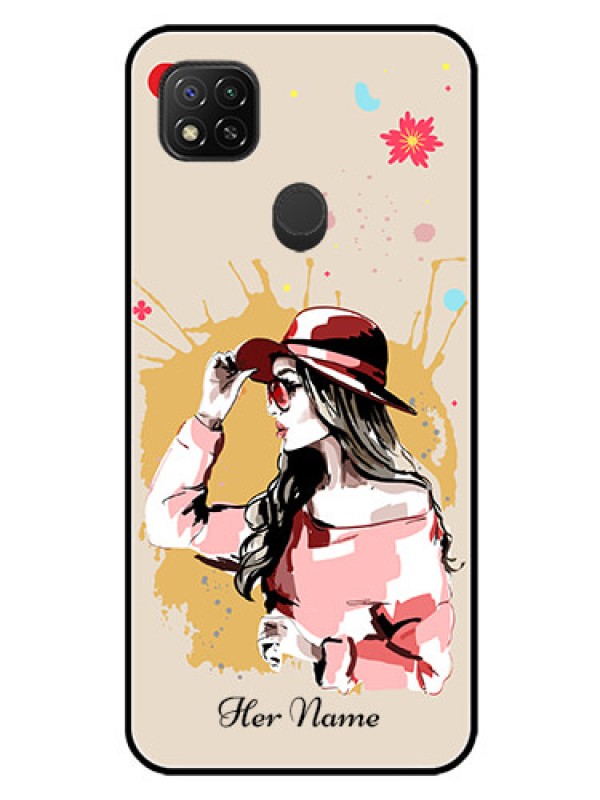 Custom Poco C31 Photo Printing on Glass Case - Women with pink hat Design