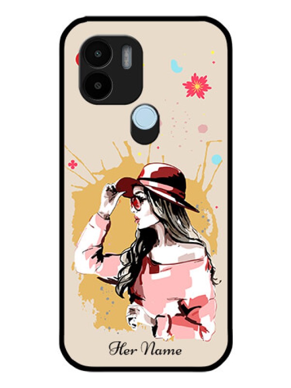 Custom Poco C50 Photo Printing on Glass Case - Women with pink hat Design