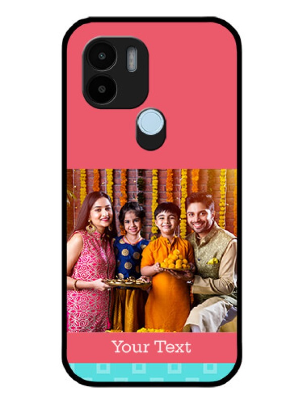Custom Poco C51 Personalized Glass Phone Case - Peach & Blue Color Design