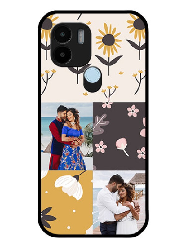 Custom Poco C51 Photo Printing on Glass Case - 3 Images with Floral Design