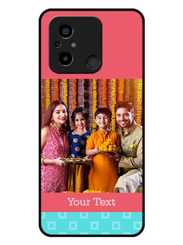 Custom Poco C55 Personalized Glass Phone Case - Peach & Blue Color Design