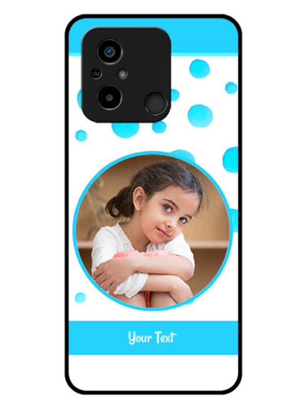 Custom Poco C55 Photo Printing on Glass Case - Blue Bubbles Pattern Design