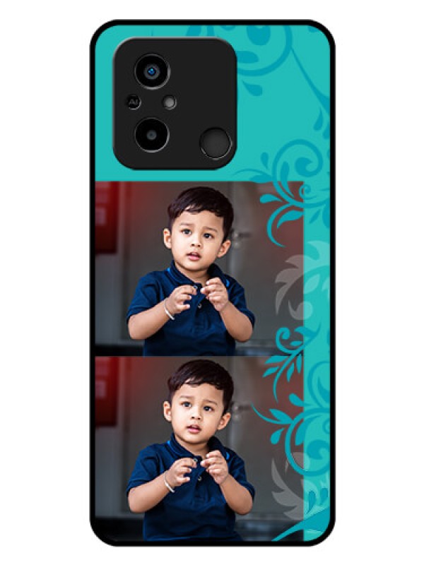 Custom Poco C55 Personalized Glass Phone Case - with Photo and Green Floral Design