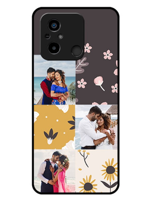 Custom Poco C55 Photo Printing on Glass Case - 3 Images with Floral Design