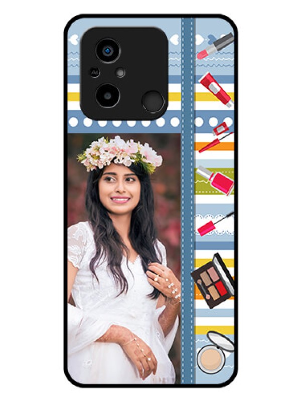 Custom Poco C55 Personalized Glass Phone Case - Makeup Icons Design