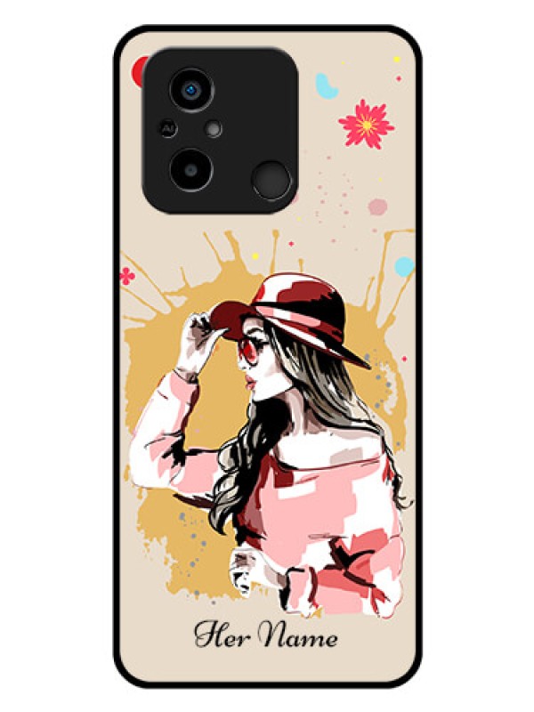 Custom Poco C55 Photo Printing on Glass Case - Women with pink hat Design