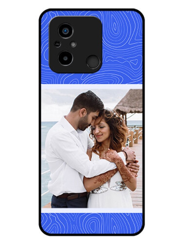 Custom Poco C55 Custom Glass Mobile Case - Curved line art with blue and white Design