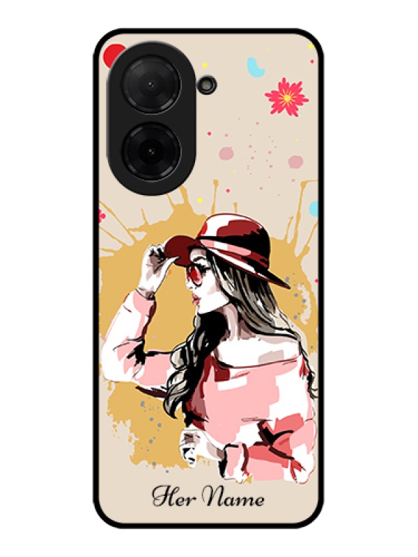 Custom Poco C71 Custom Glass Phone Case - Women With Pink Hat Design