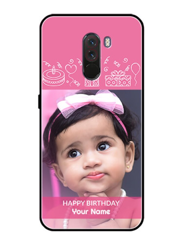 Custom Pcoco F1 Photo Printing on Glass Case  - with Birthday Line Art Design