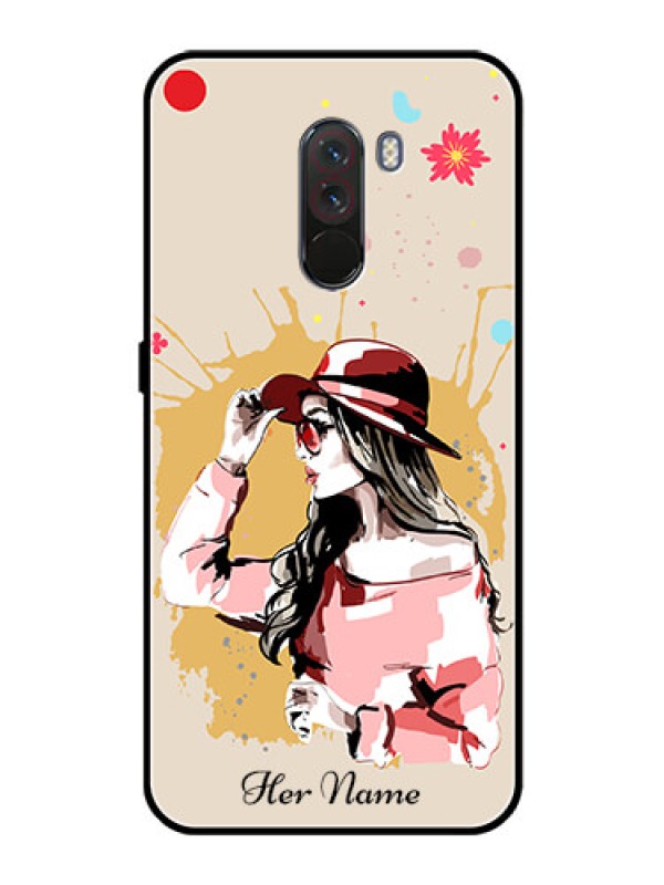 Custom Poco F1 Photo Printing on Glass Case - Women with pink hat Design
