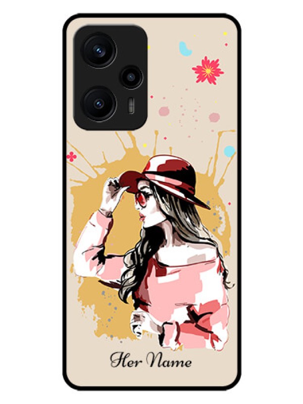 Custom Poco F5 Photo Printing on Glass Case - Women with pink hat Design