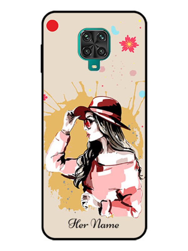 Custom Poco M2 Pro Photo Printing on Glass Case - Women with pink hat Design