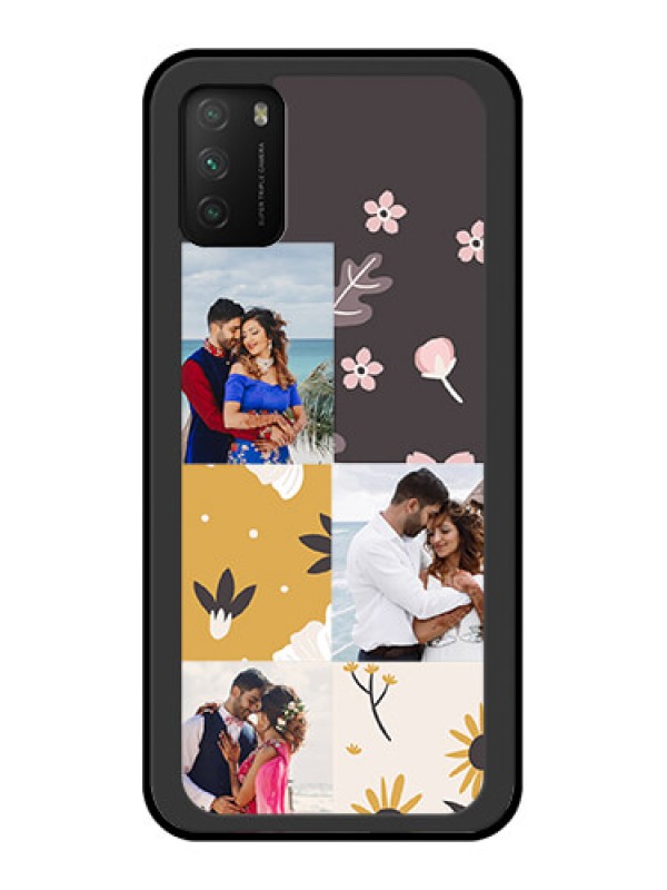 Custom Poco M3 Photo Printing on Glass Case  - 3 Images with Floral Design