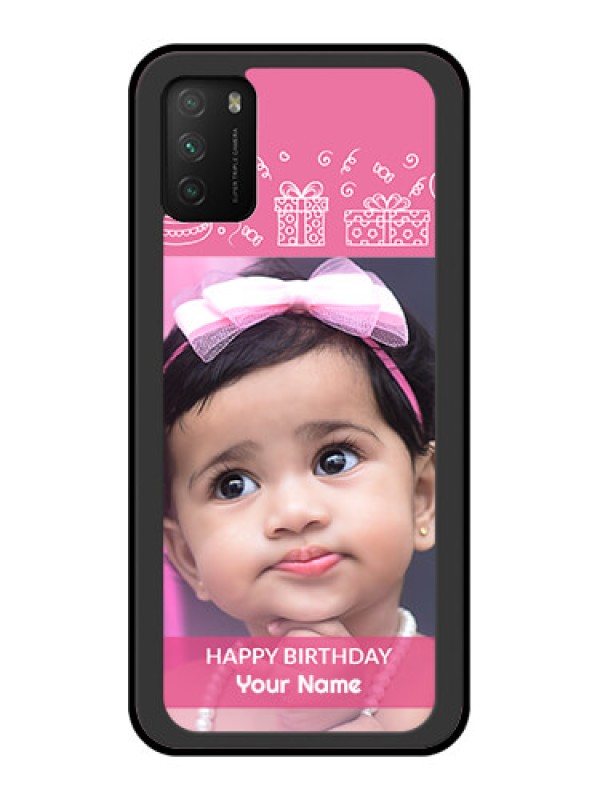 Custom Poco M3 Photo Printing on Glass Case  - with Birthday Line Art Design