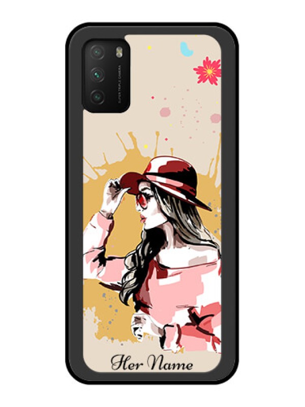 Custom Poco M3 Photo Printing on Glass Case - Women with pink hat Design