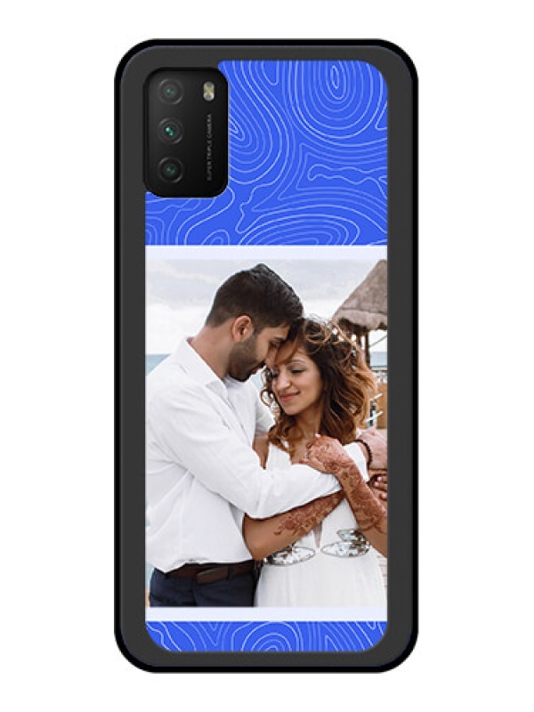 Custom Poco M3 Custom Glass Mobile Case - Curved line art with blue and white Design