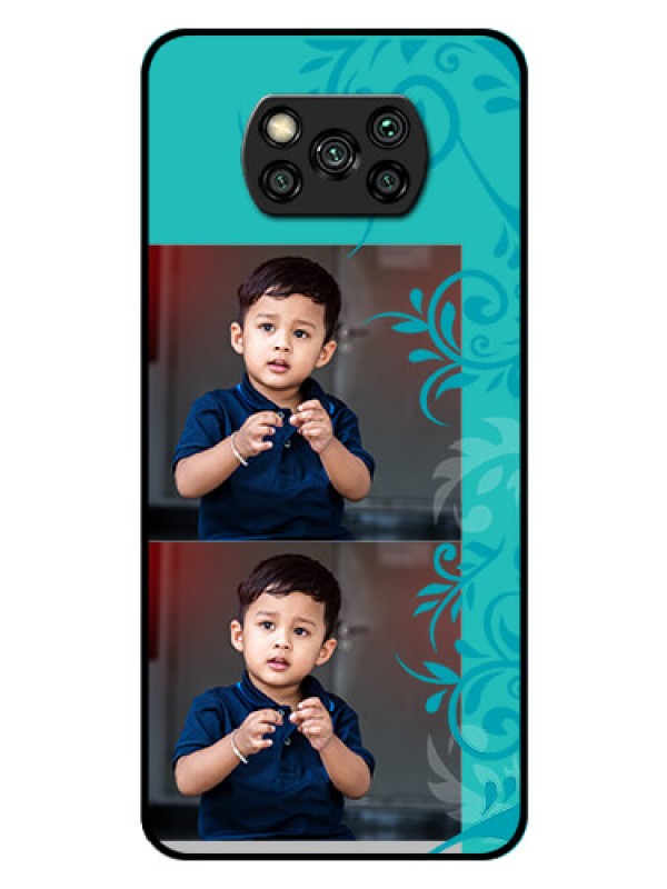 Custom Poco X3 Personalized Glass Phone Case  - with Photo and Green Floral Design 