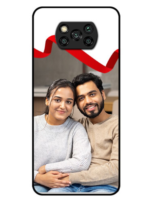 Custom Poco X3 Photo Printing on Glass Case  - Red Ribbon Frame Design