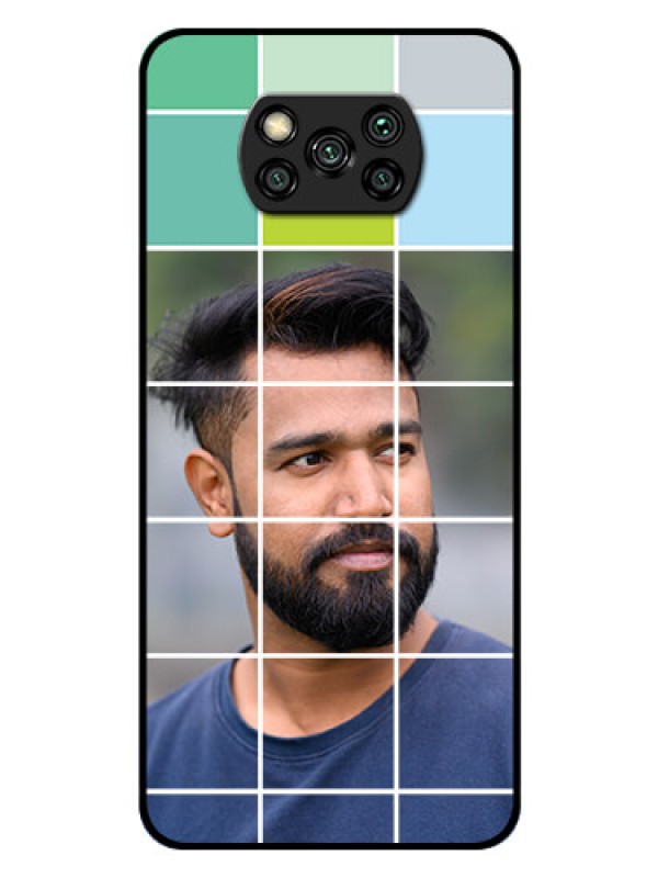 Custom Poco X3 Photo Printing on Glass Case  - with white box pattern 