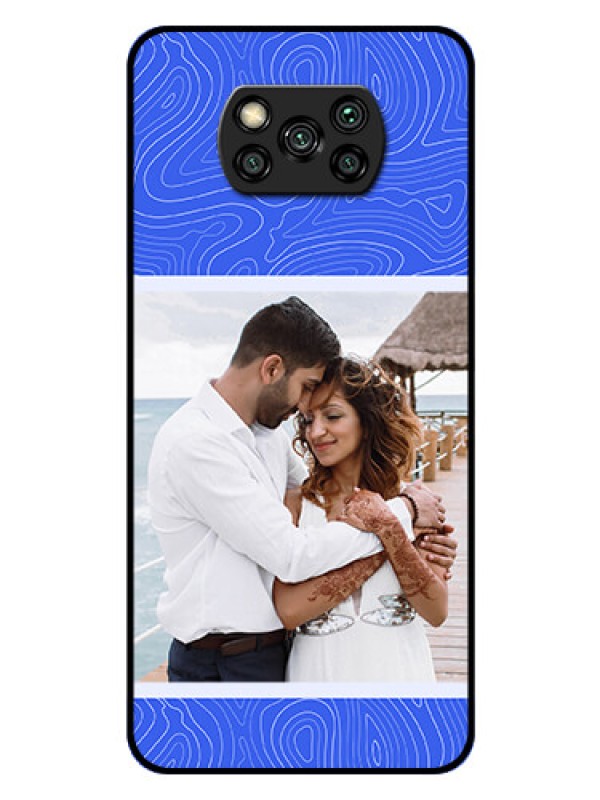 Custom Poco X3 Custom Glass Mobile Case - Curved line art with blue and white Design