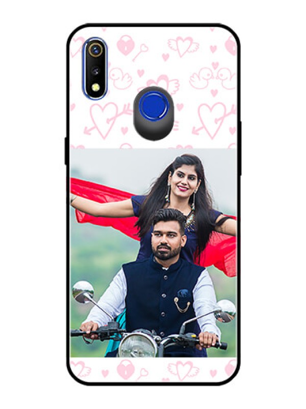 Custom Realme 3 Custom Glass Mobile Case  - Pink Flying Heart Design