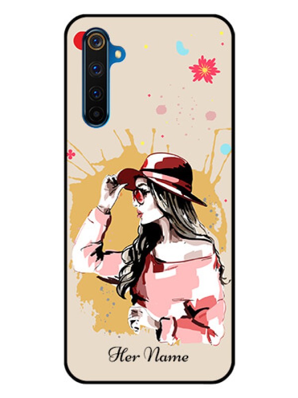 Custom Realme 6 Pro Photo Printing on Glass Case - Women with pink hat Design