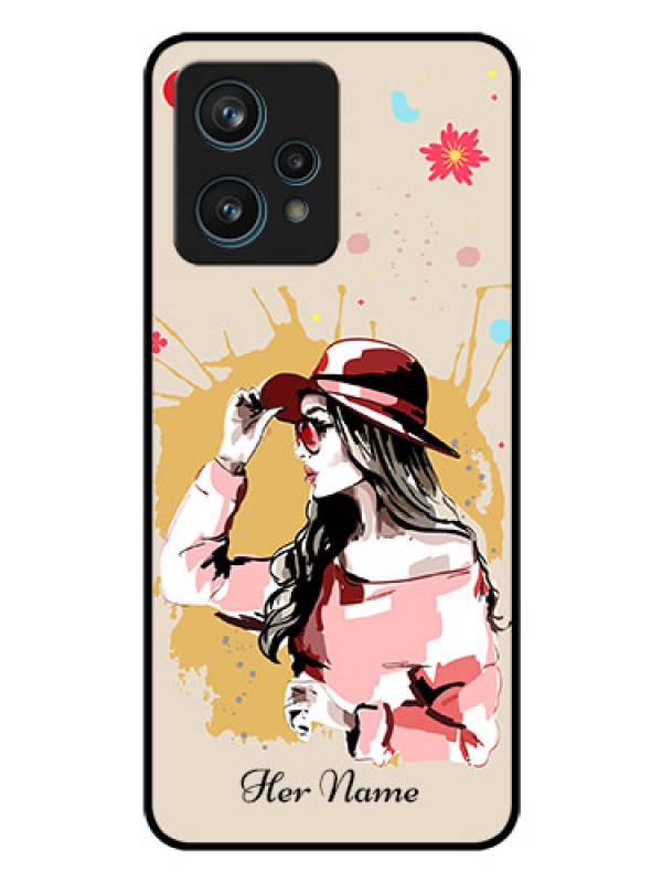 Custom Realme 9 4G Photo Printing on Glass Case - Women with pink hat Design