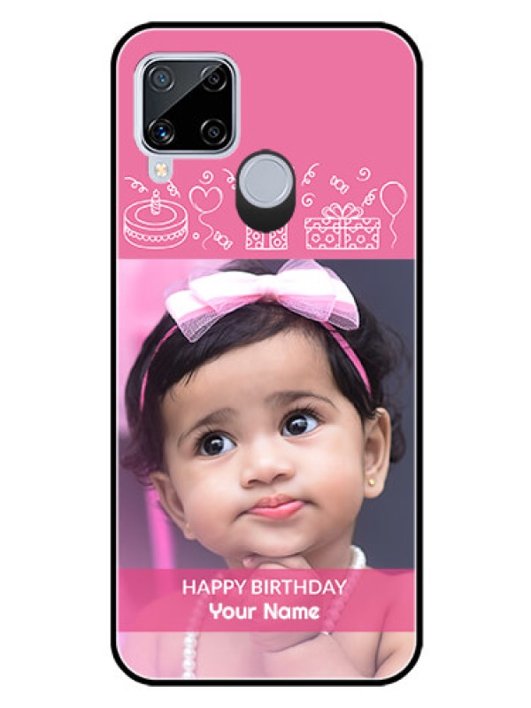 Custom Realme C15 Photo Printing on Glass Case  - with Birthday Line Art Design