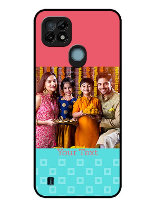 Custom Realme C21 Personalized Glass Phone Case - Peach & Blue Color Design