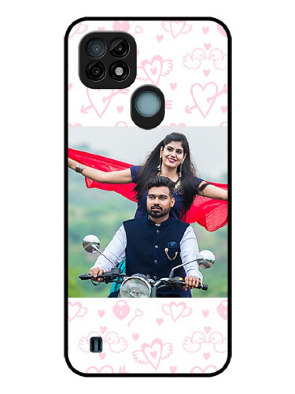 Custom Realme C21 Custom Glass Mobile Case - Pink Flying Heart Design