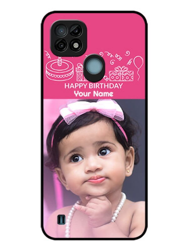 Custom Realme C21 Photo Printing on Glass Case - with Birthday Line Art Design