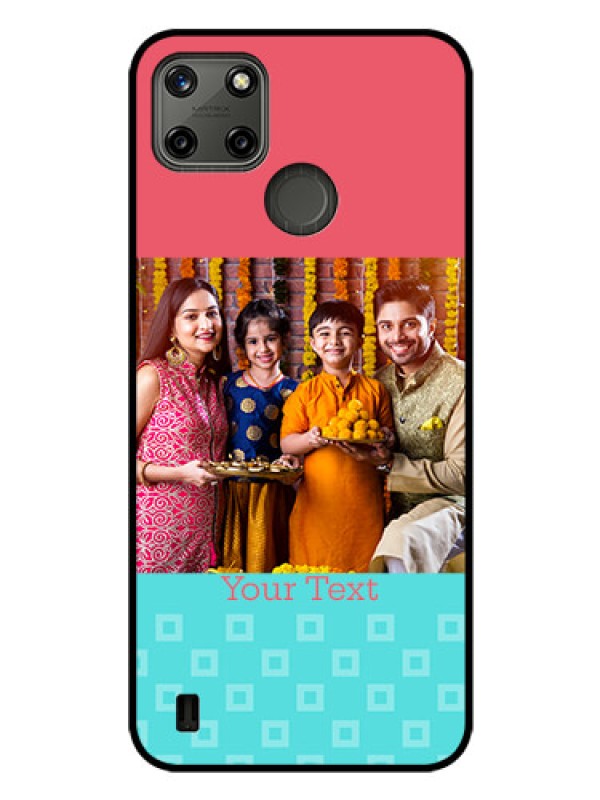 Custom Realme C21Y Personalized Glass Phone Case - Peach & Blue Color Design