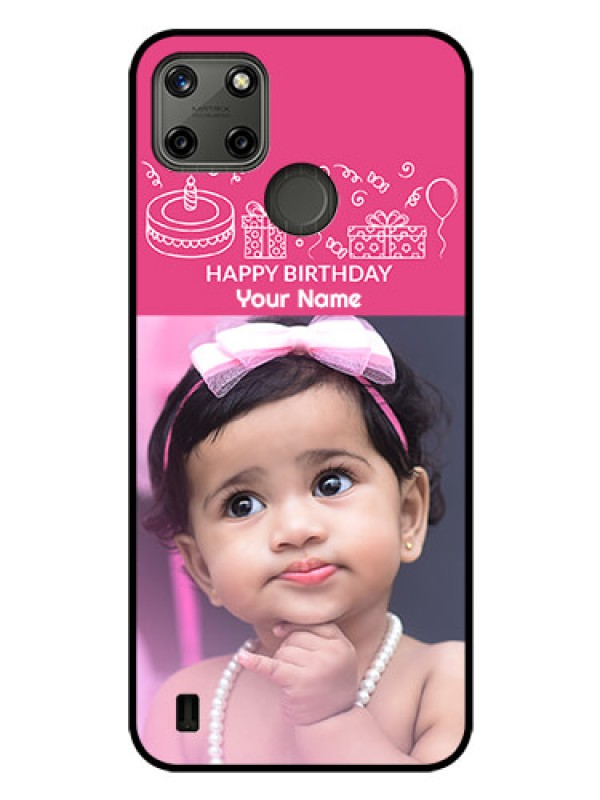 Custom Realme C21Y Photo Printing on Glass Case - with Birthday Line Art Design