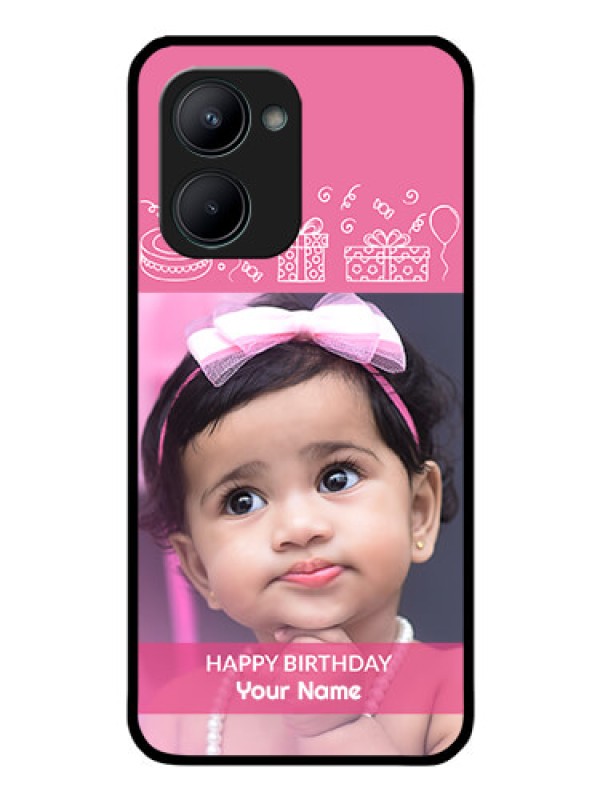 Custom Realme C33 2023 Photo Printing on Glass Case - with Birthday Line Art Design